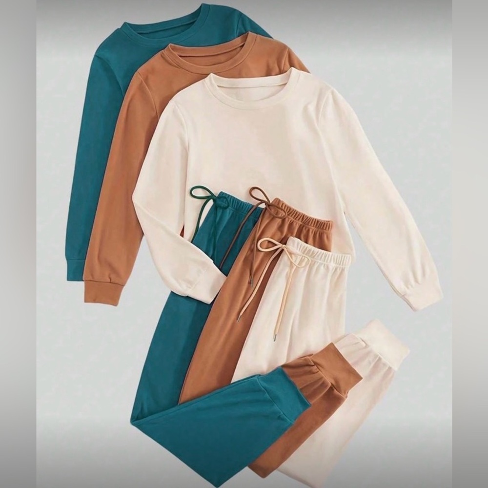 Women’s 2 Piece Loungewear Set Long Sleeve Top & Pants Camel Teal or Cream Fall - Picture 1 of 8